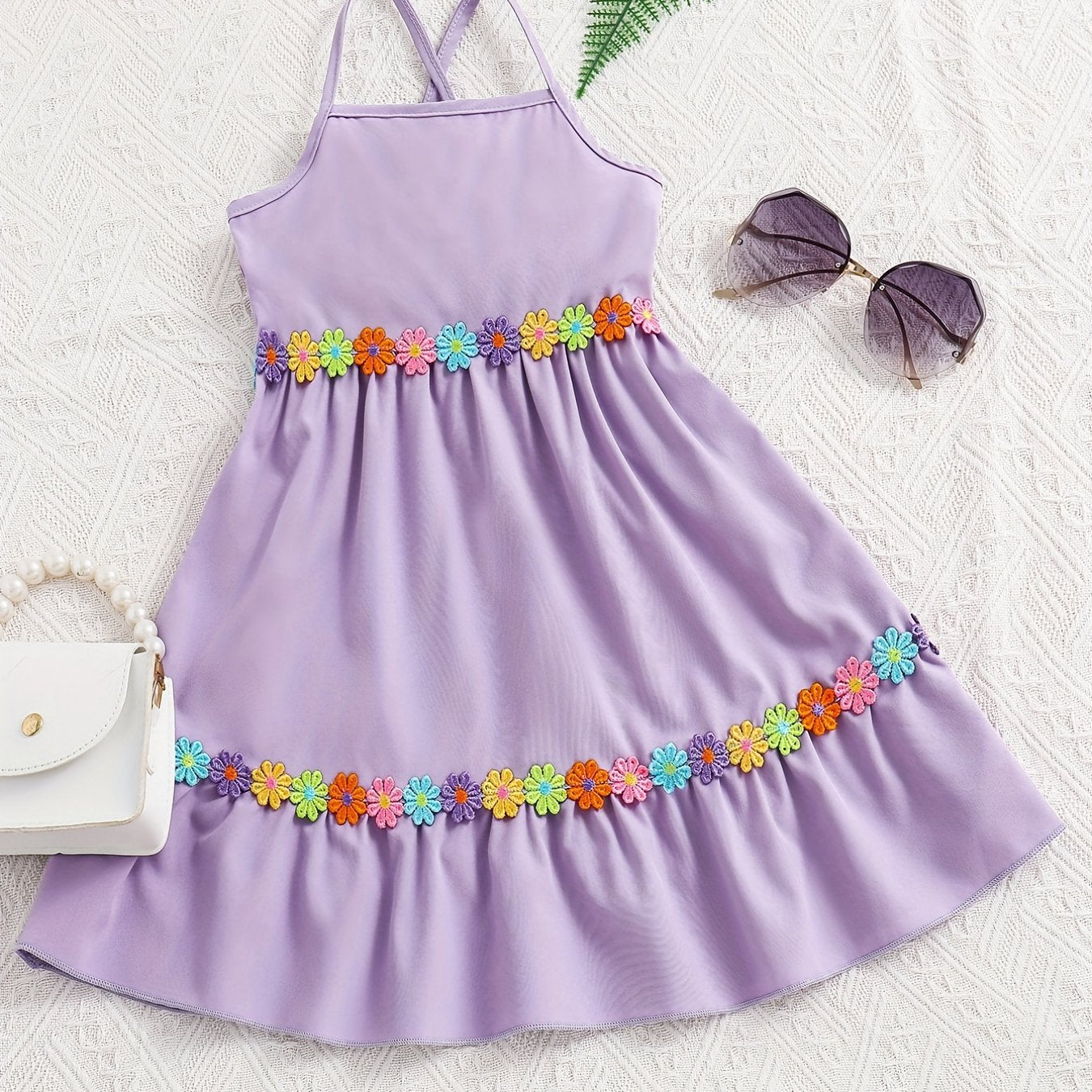 Toddler Girls Flowers Applique Ruffled Hem Cami Princess Dress For Party Beach Vacation Kids Summer Clothes