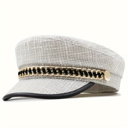 Chic Women's Cotton Beret with Chain Detail - Sun-Protective, Non-Stretch, Casual Fashion Painter Cap for Spring & Summer