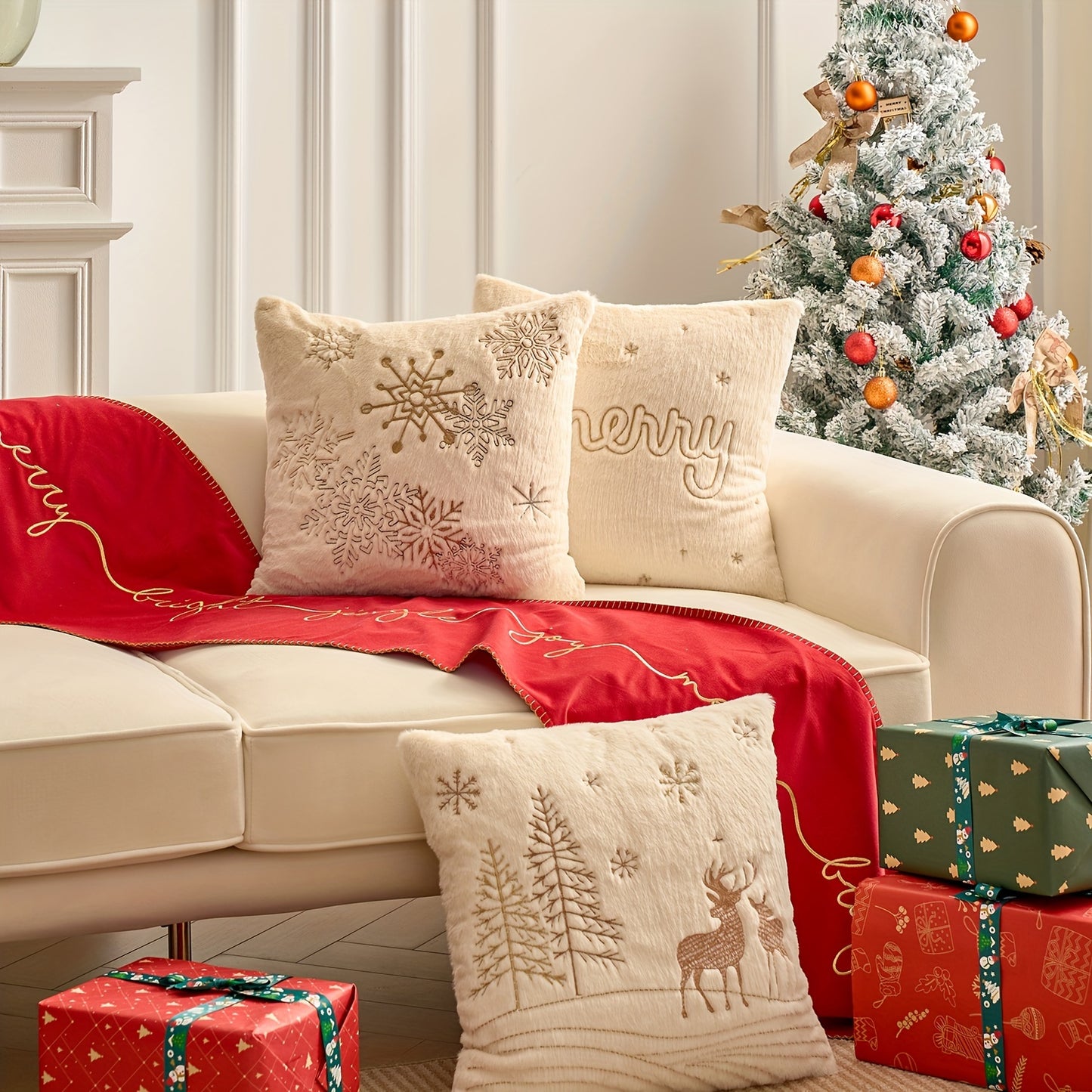 Christmas Embroidered Throw Pillow Cover - Festive Holiday Decor for Living Room & Bedroom, Zip Closure, Machine Washable, White