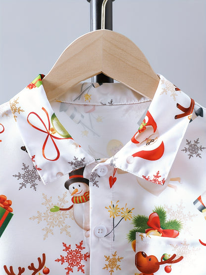 Christmas Fun Boys' Long Sleeve Button-Down Shirts - Merry Santa Claus and Deer Allover Print Tops for Spring and Fall Outwear - Comfortable Casual Wear for Holiday Season