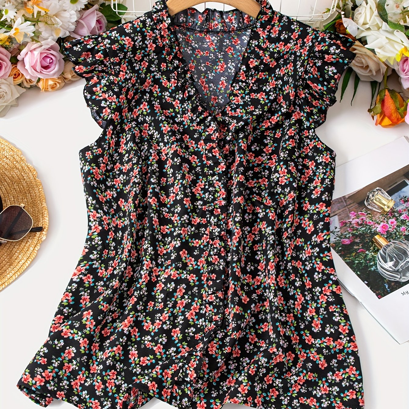 Plus Size Floral Print V Neck Ruffle Sleeve Blouse for Women - Chic Vacation Top with Polyester Fabric, Woven Construction, and Random Floral Pattern - Perfect for Spring and All Seasons