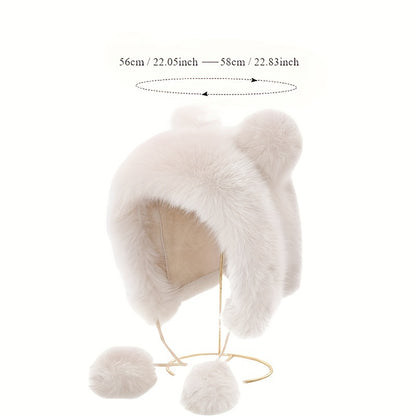 Cozy Plush Bear Ear Beanie For Women - Warm, Stretchy Acrylic Winter Hat With Ear Flaps, Fashionable & Versatile