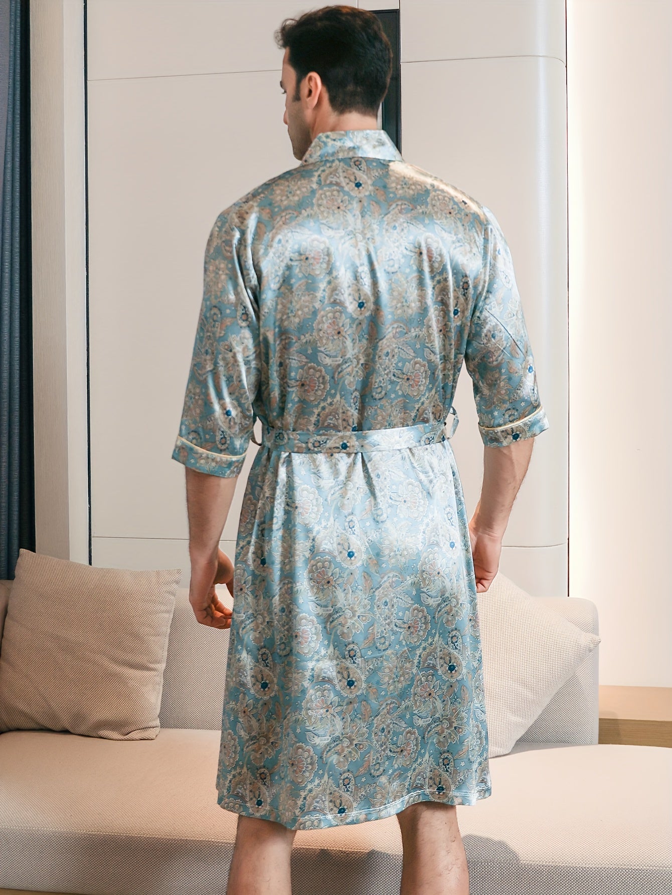 Men's Ice Silk Comfy Robe, Lightweight Long Sleeve Robe With Fashion Print, Loose Lounge Wear & Sleepwear For All Seasons Wearing