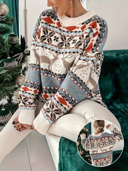 Cozy Christmas Reindeer Geometric Pattern Sweater - Casual Crew Neck, Long Sleeve Pullover for Women