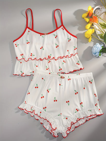 All-Season Soft Knit Cherry Print Pajama Set for Women - Cute Crew Neck Cami Top & Lettuce Trim Shorts, Comfortable & Durable Loungewear