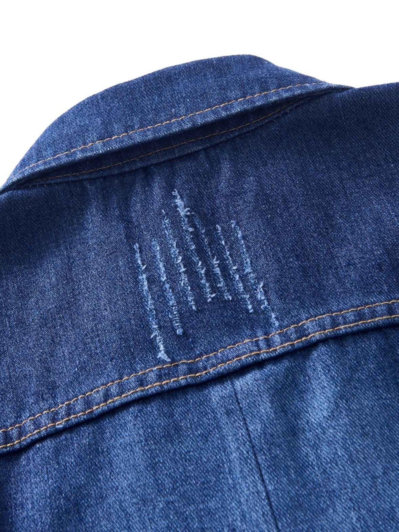 Chic Double-Breasted Denim Jacket: Color Block, Ripped Details - Trendy Fall/Winter Casual Coat with Flap Pockets