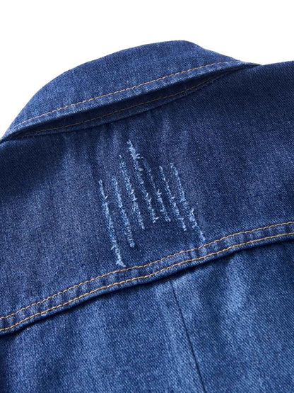 Chic Double-Breasted Denim Jacket: Color Block, Ripped Details - Trendy Fall/Winter Casual Coat with Flap Pockets