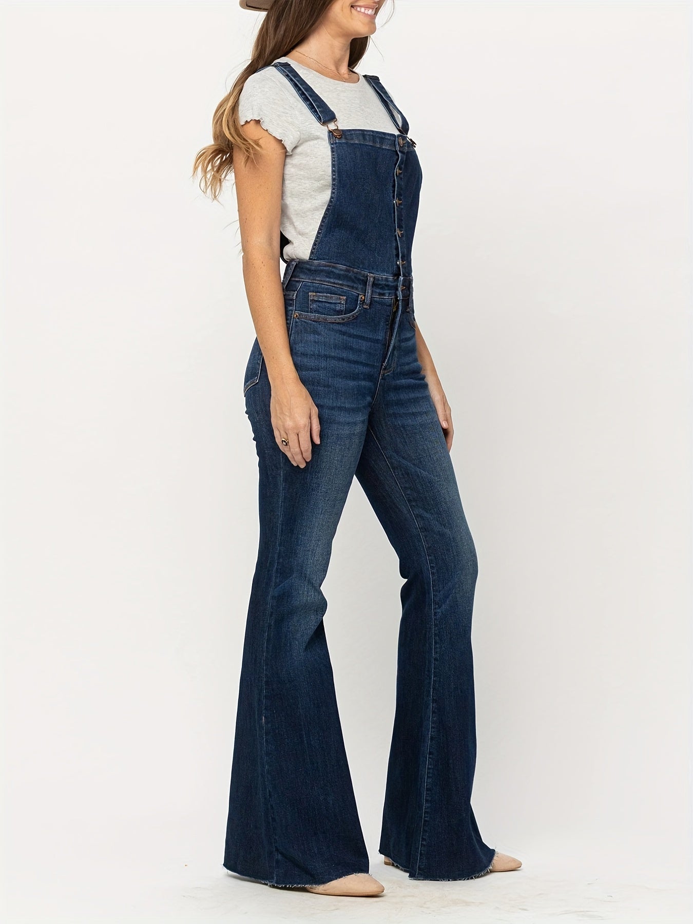 All-Season Versatile Denim Overalls with Stretch, Adjustable Straps & Easy-Care, Chic Button Front & Raw Hem, Women’s Casual Essential