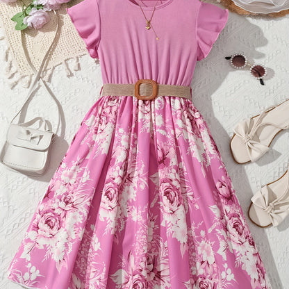 Charming Summer Floral Dress for Girls - Soft Ribbed Texture, Delicate Flutter Sleeves - Perfect for Vacation, Beach, and Casual Wear