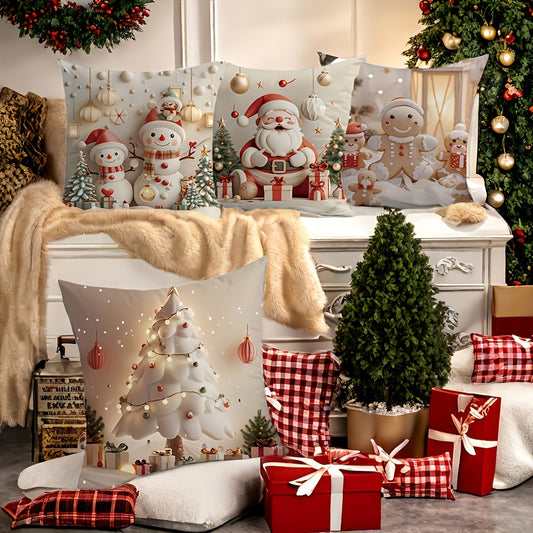 Christmas Holiday Throw Pillow Covers Set of 4, Contemporary Zippered Polyester Cushion Cases, Machine Washable, for Living Room and Bedroom - Festive Santa, Snowman, Gingerbread, Christmas Tree Print, 17.72x17.72 Inches