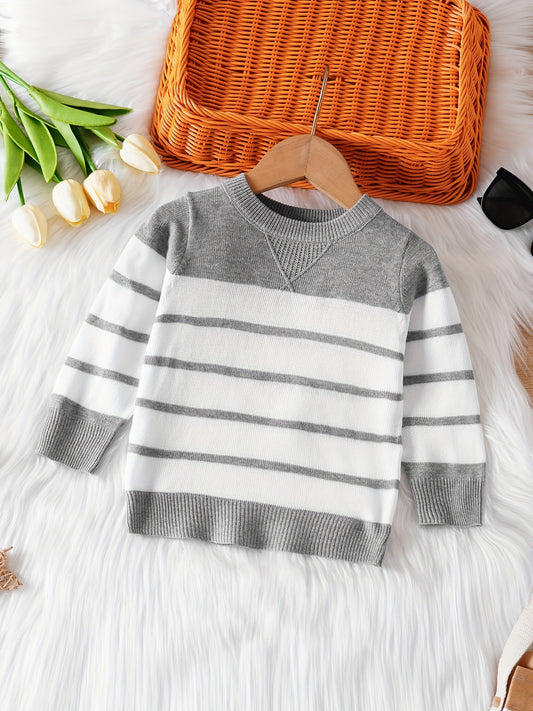 Baby Boys Comfortable & Casual Grey And White Striped Crew Neck Knitted Sweater For Outing Activities
