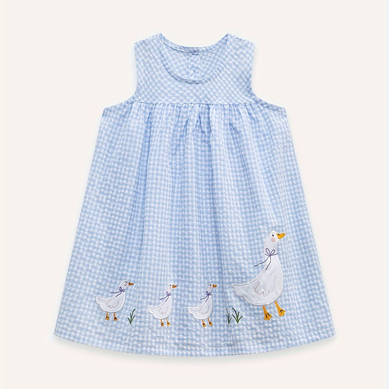 Adorable Girls Sleeveless Duck & Plaid Dress - Breathable Round Neck - Perfect for Summer Holidays - Casual & Fashionable