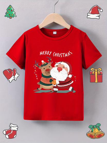 Fun Boys' Cartoon Santa and Reindeer Print Casual Crew Neck Polyester T-Shirt for Summer - Kids Merry Christmas Tops with Slight Stretch