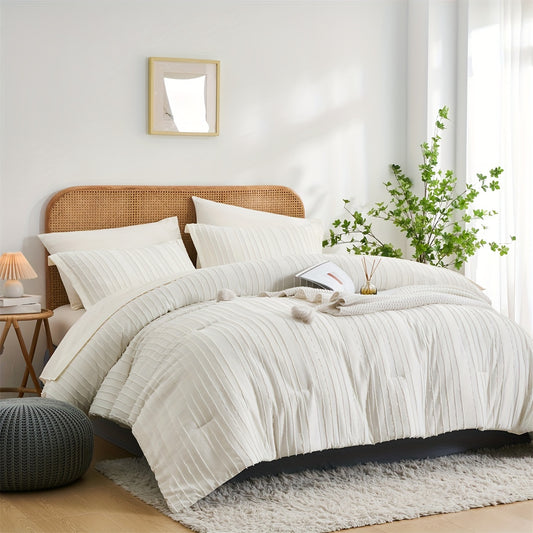 7-Piece Boho Beige Striped Comforter Set - Soft, Breathable, Skin-Friendly Bedding with Comforter, Flat Sheet, Fitted Sheet, and 4 Pillowcases - Perfect for Bedroom Room Decor, Comfortable Sleeping Experience