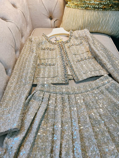 Spring Champagne Beaded Rhinestone Two Piece Dress Sets Long Sleeve Round Neck Tweed Pockets Coat + High Waist Pleated Short Skirt Set Two Piece Suits D3N233219