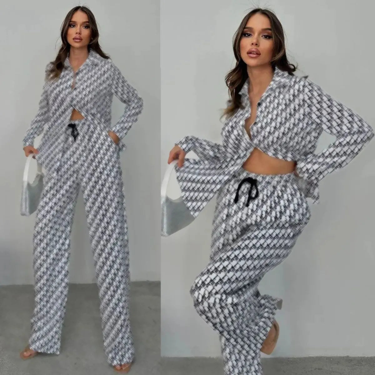 Two Piece Pants Daily Outfits Womens Casual Lapel Neck Shirt and Wide Leg Pant Sets Free Ship