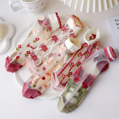 3/5 Pairs Of Teenager's Cute Low-cut Ankle Socks, Ultra-thin Silk Sweet Bear & Floral Design, Soft Comfy Cotton Blend Socks For Summer