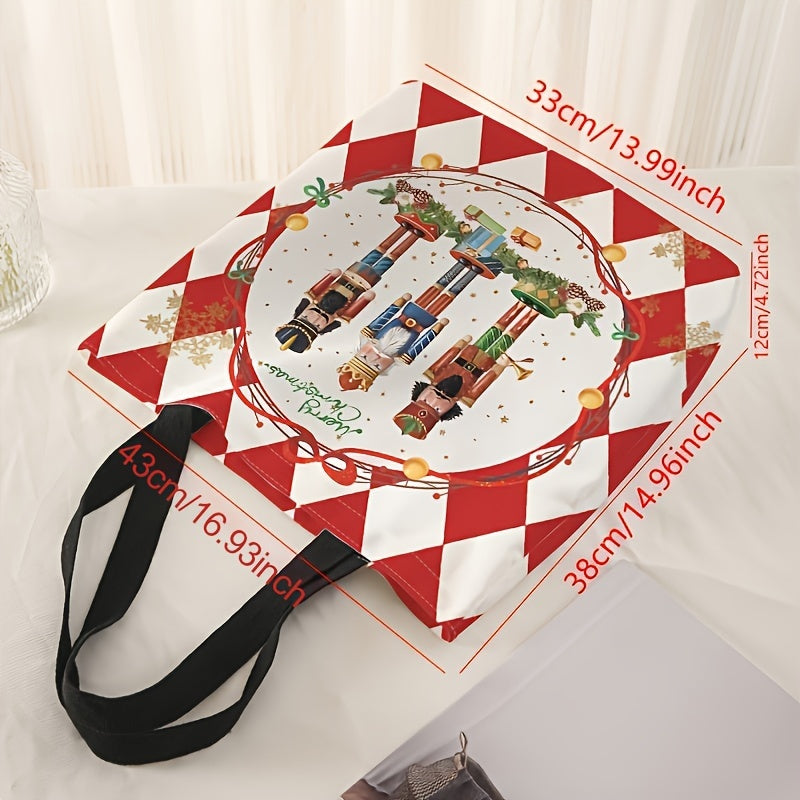 Festive Christmas Nutcracker Pattern Tote Bag - Stylish Reusable Polyester Shoulder Bag with Multi-Functional Design, Durable Casual Shopper, Letter Print, Non-Washable, Perfect for Holiday Shopping and Daily Use