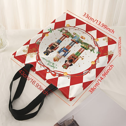 Festive Christmas Nutcracker Pattern Tote Bag - Stylish Reusable Polyester Shoulder Bag with Multi-Functional Design, Durable Casual Shopper, Letter Print, Non-Washable, Perfect for Holiday Shopping and Daily Use