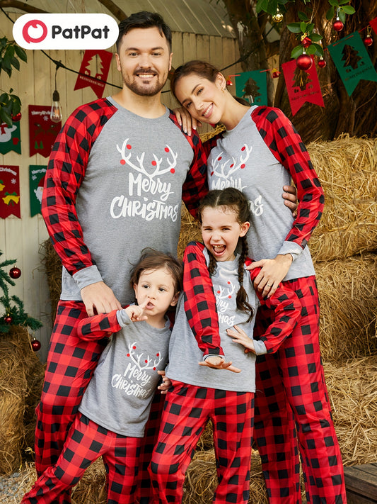 PatPat Christmas Family Matching Merry Antler Graphic Letter Print Plaid Design Crew Neck Round Neck Long*Sleeve Sets (Flame Resistant) For Spring & Autumn/Fall & Winter