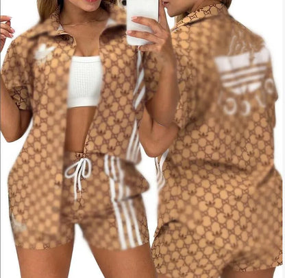 Designer Womens's luxury Two Piece Sets Tracksuits short sleeve shirt +shorts women printed woven polos collar Summer holiday loose fit casual home outdoor clothin