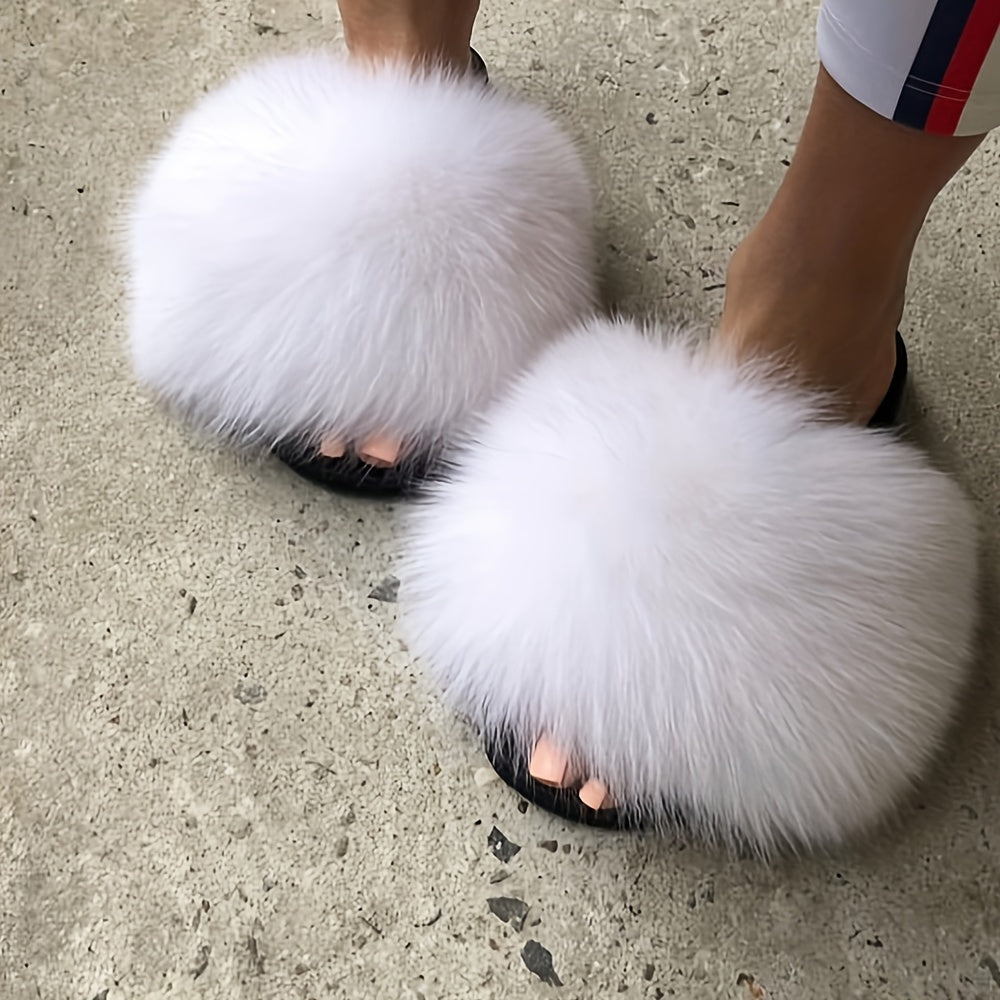 Luxurious Womens Faux Fur Slides - Soft Open Toe Slip-Ons - Ultra-Plush Indoor Slippers for Cozy Lounging - Comfortable Flat Sole - Perfect for Bedroom & Casual Wear