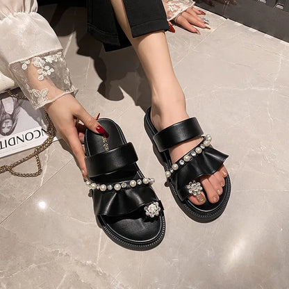 Sandals women's new summer platform soles wear pullover pearl rhinestone ruffles plus size women's shoes black