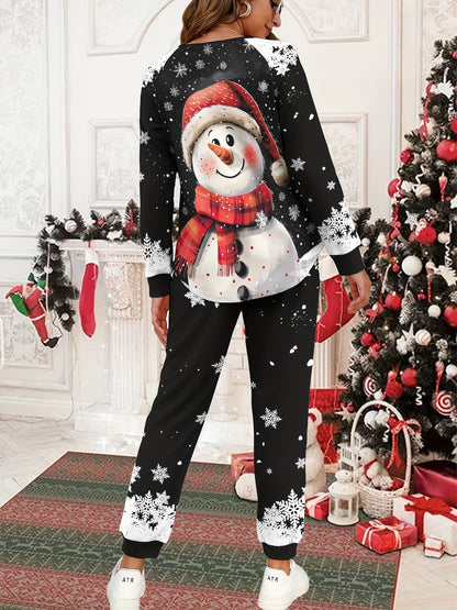 Two-Piece Festive Christmas Print Pantsuit Set - Women's Casual Long Sleeve Pullover Sweatshirt and Cozy Pants Outfit with Elastic Waistband and Soft Fabric for Holiday Party