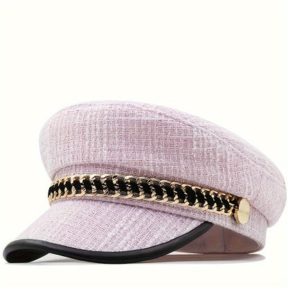 Chic Women's Cotton Beret with Chain Detail - Sun-Protective, Non-Stretch, Casual Fashion Painter Cap for Spring & Summer