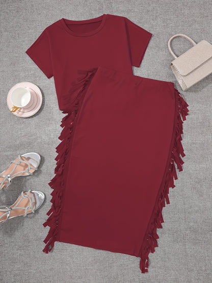 Tassel Embellished Crew Neck Short Sleeve Top & High Waist Slim Fit Skirt Set - Polyester Fabric, High Elasticity, Solid Color, No Printing, Young Stylish Design - Ideal for All Seasons