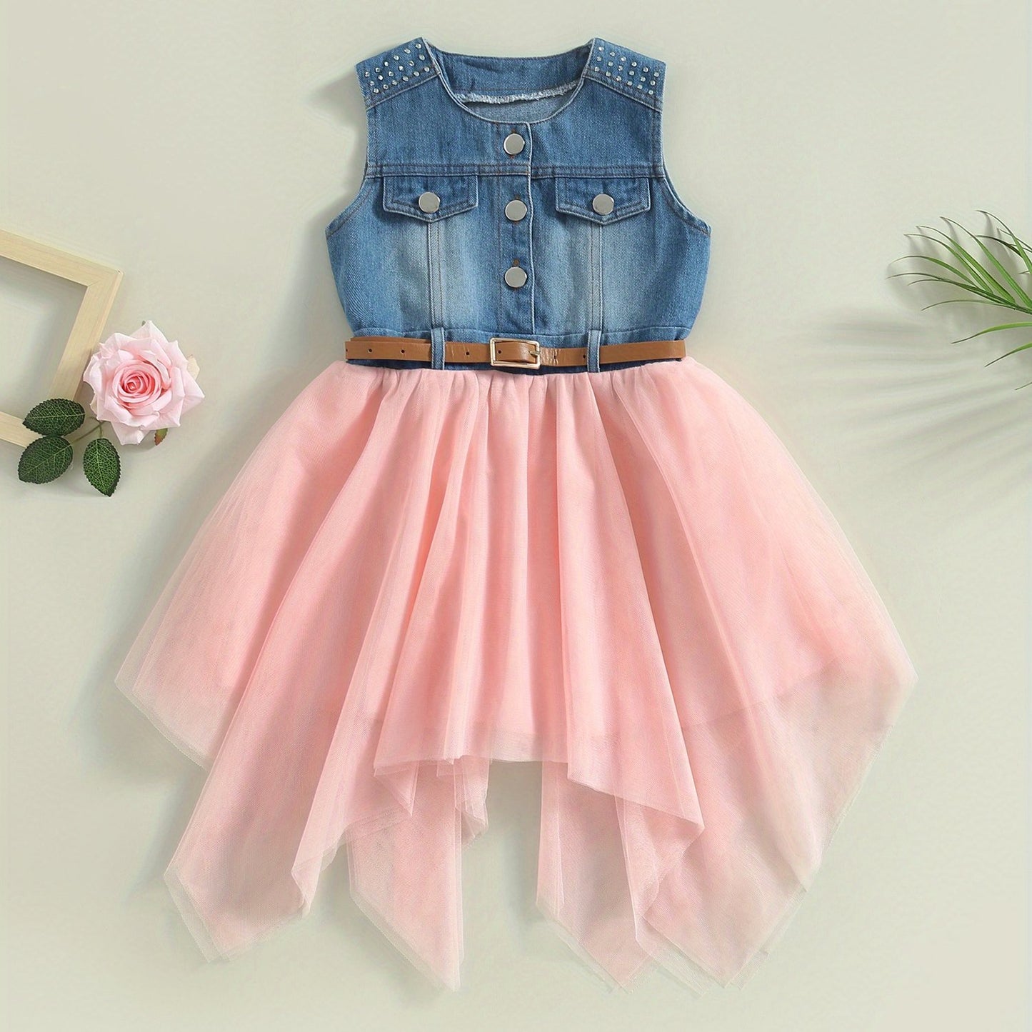 Toddler Girls Summer Patchwork Fashion Dress Sleeveless Round Neck Button Mesh Denim Dress with Belt