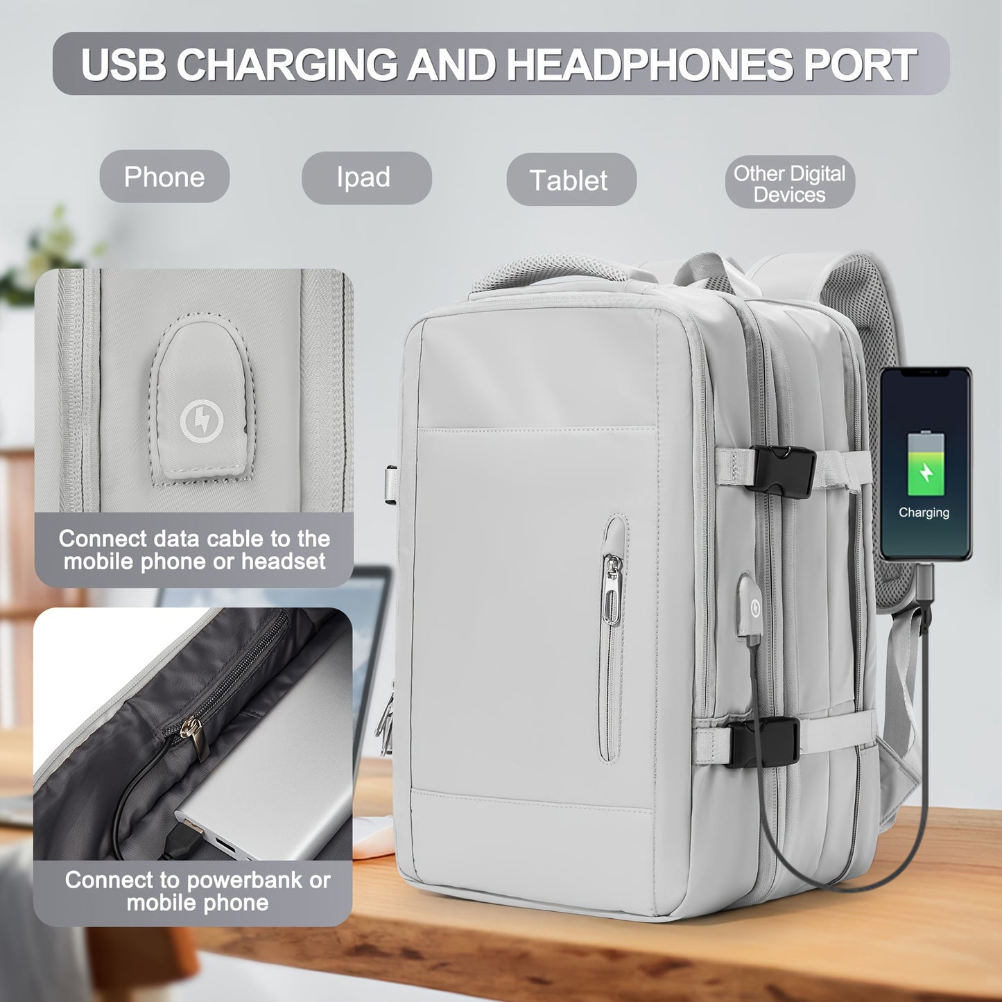 Stylish & Durable Large Capacity USB Charging Backpack - Multi-pocket Laptop Compartment, Solid Color Design, Perfect for On-the-go Charging, Versatile for Work, Travel & Commuting