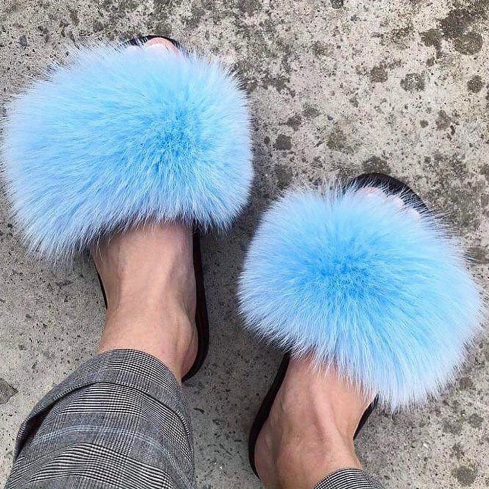 Luxurious Womens Faux Fur Slides - Soft Open Toe Slip-Ons - Ultra-Plush Indoor Slippers for Cozy Lounging - Comfortable Flat Sole - Perfect for Bedroom & Casual Wear