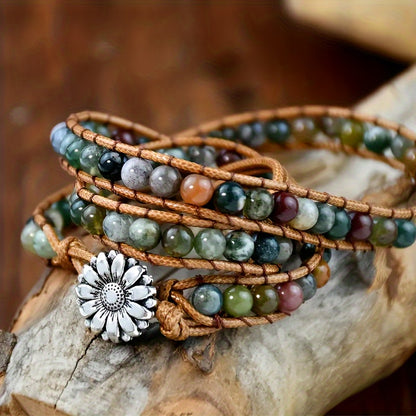 5 Layers Bohemian Healing Stone Wrap Adjustable Leather Beaded Tree Charm Bracelet - Natural, Prolonged Leather, Adjustable, Tree of Life Charm, Beaded Jewelry - Perfect for Boho Chic Style Lovers