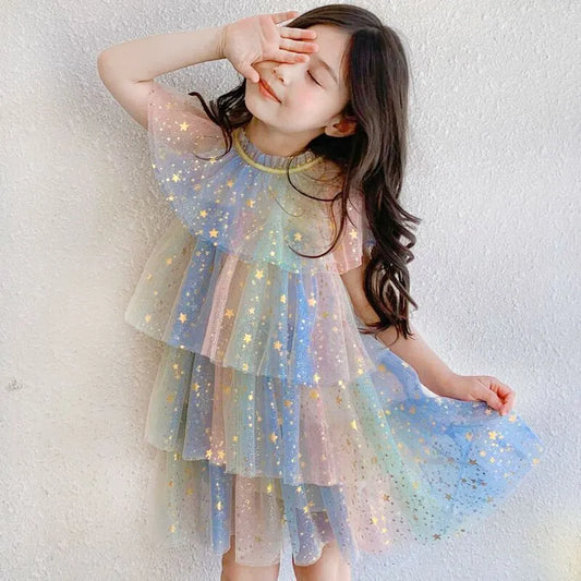 Girl's Dresses Girls Dress Children's Clothing Fashion Rainbow Color Cake Dress Tutu Skirt Sequined Pentagram Unicorn Dress 230403