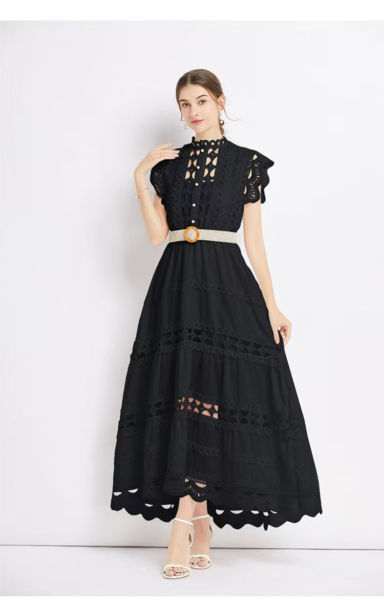 namcoverse Lace Patchwork Cutout Retro Tiered Midi Dress