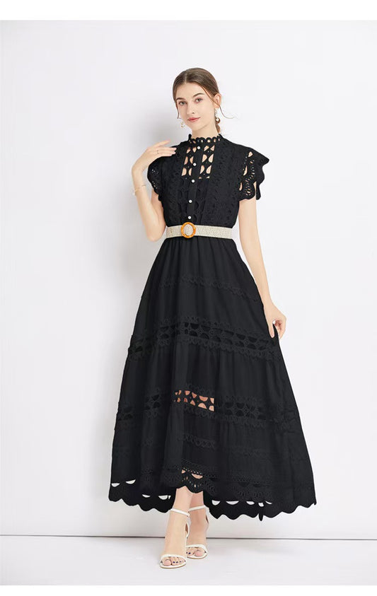 namcoverse Lace Patchwork Cutout Retro Tiered Midi Dress