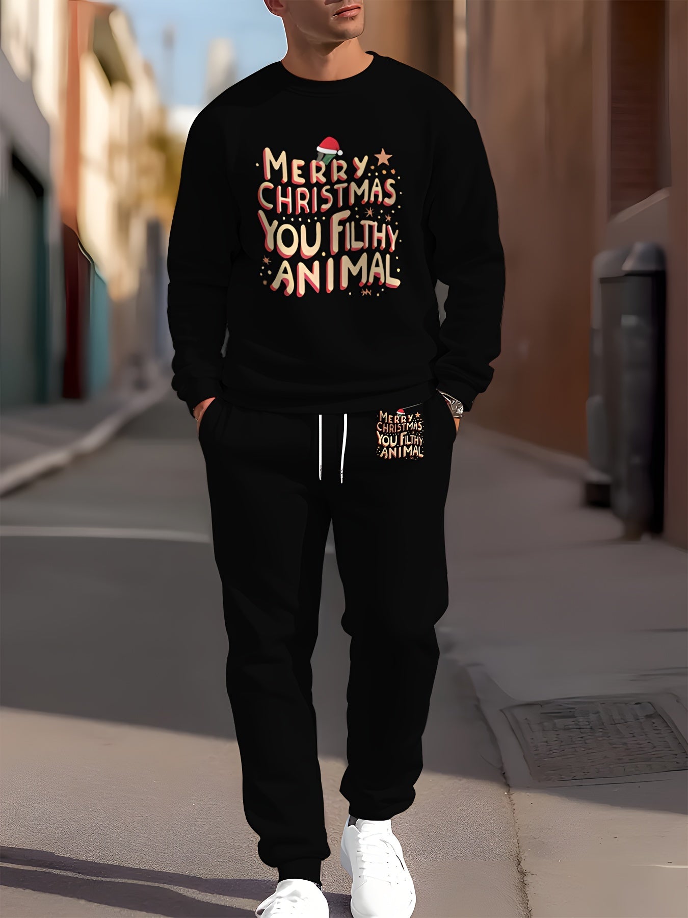2pcs Long Sleeve Hoodie + Sweatpants Set, 'HOHOHO' Print/ Slogan Print/ Santa Claus Print/ Corolla Print Casual Christmas Themed Co-ord Set As Gift
