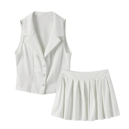 Elegant Top Skirts Set Women White Single Breasted Square Collar Sleeveless Vest Suit Mini Skirt Sets Summer Lady Outfits 240511