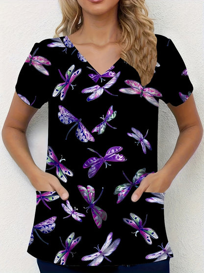 Plus Size V-Neck Dragonfly Print Top - Comfortable Stretchy Dual Pocket Design, Functional Health Care Uniform for Nurses, Breathable Polyester Knit Fabric, Random Animal Pattern, Casual Short Sleeve Style for All Seasons