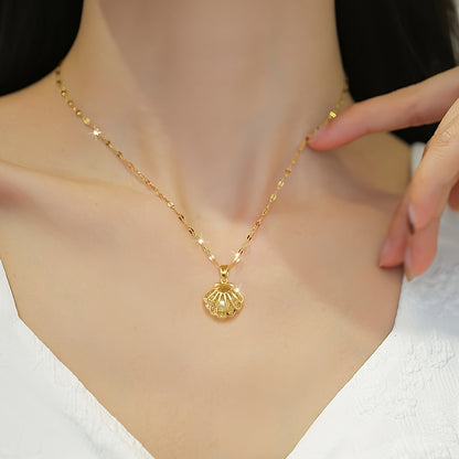 Vintage Style Stainless Steel Necklace With Folding Shell Pendant And Imitation Pearl For Women Summer Vacation Necklace