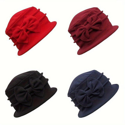 Cozy Double-Layer Fleece Bucket Hat For Women - Elegant Bowknot Design, Thick Warm Winter Cap