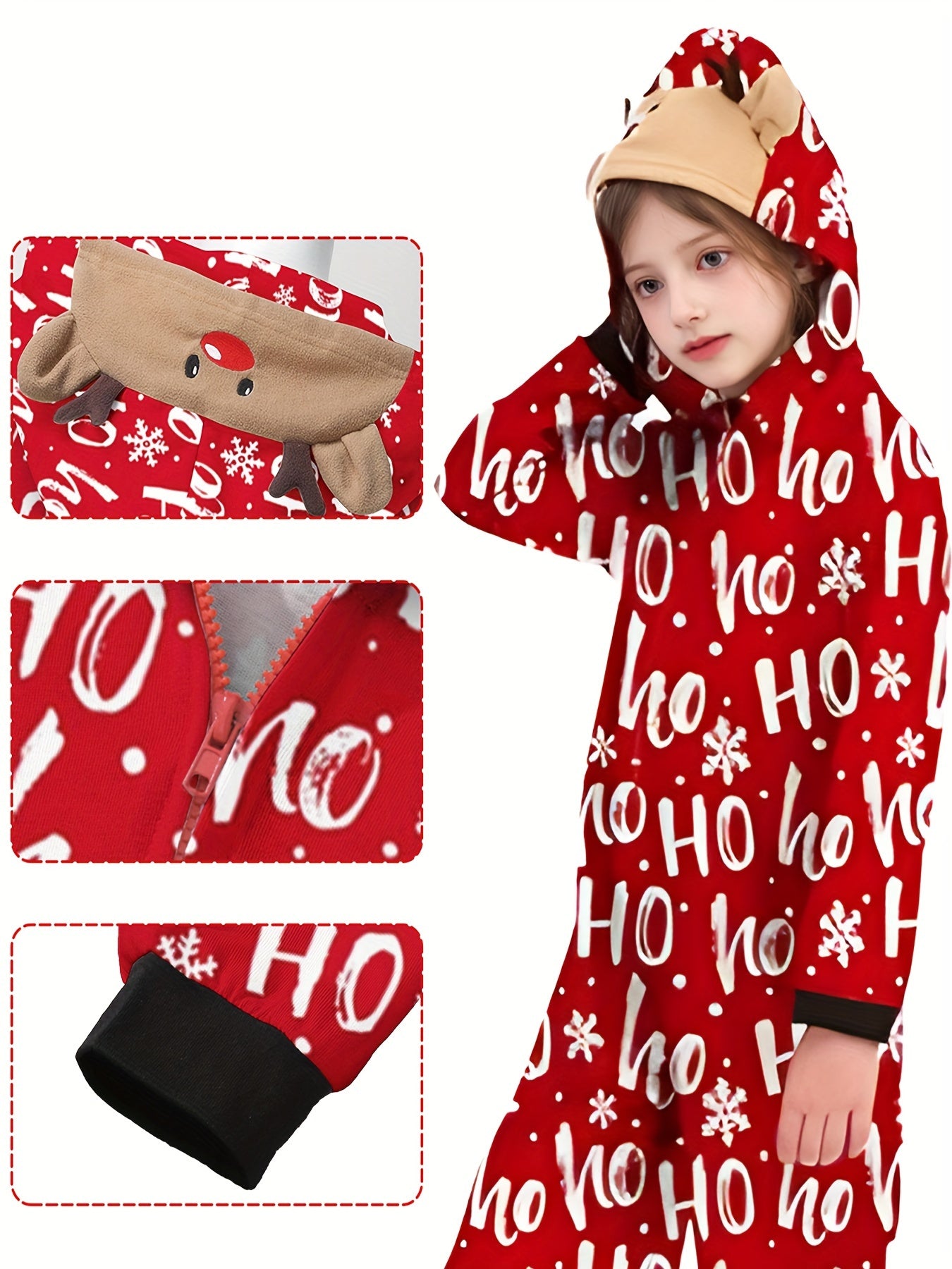 Holiday Festive Zip-Up Hooded Onesie with Alphabetic Print, Unisex Long Sleeve Polyester Jumpsuit with Slight Stretch, Casual Hoodie with Zipper Detail, Regular Fit Woven Fabric for Family Matching Outfits