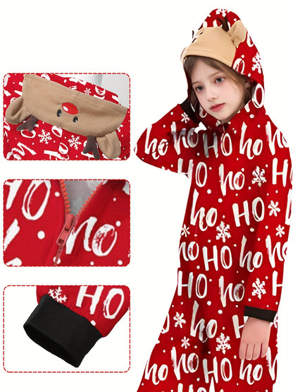 Holiday Festive Zip-Up Hooded Onesie with Alphabetic Print, Unisex Long Sleeve Polyester Jumpsuit with Slight Stretch, Casual Hoodie with Zipper Detail, Regular Fit Woven Fabric for Family Matching Outfits