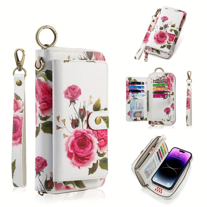 JIMI Elegant Floral PU Leather Clutch - Secure, Large Capacity Multi-Card Holder & Phone Wallet in Casual White