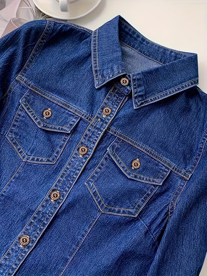 Classic Long Sleeve Denim Shirt - Casual Washed Blue, Button-Fly with Flap Pockets, Women's Everyday Comfortable Denim Apparel