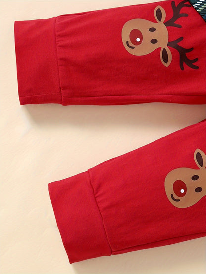 2pcs Baby's Christmas Style Plaid Pattern Bodysuit & Casual Cartoon Elk Print Overalls, Toddler & Infant Boy's Clothing Set, Outdoor Cloth