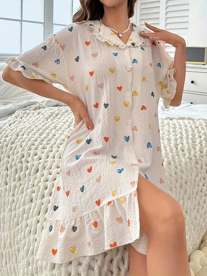 Women's Sweetheart Ruffle Hem Nightdress - Short Sleeve, Button-Up, Peter Pan Collar Sleepwear for Comfy Nights