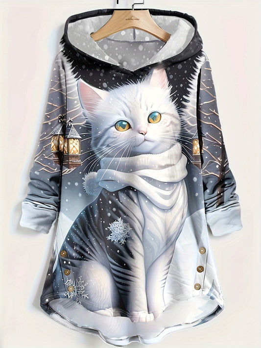 Womens Chic Cat Print Hoodie with Button Front - Flattering Curvy Hem & Long Sleeves - Casual Everyday Style