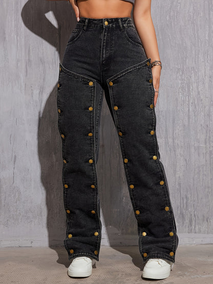 Womens High-Rise Street Chic Jeans - Non-Stretch Hip Hop Cargo Pants with Removable Buttons & Practical Pockets - Denim Workwear Style